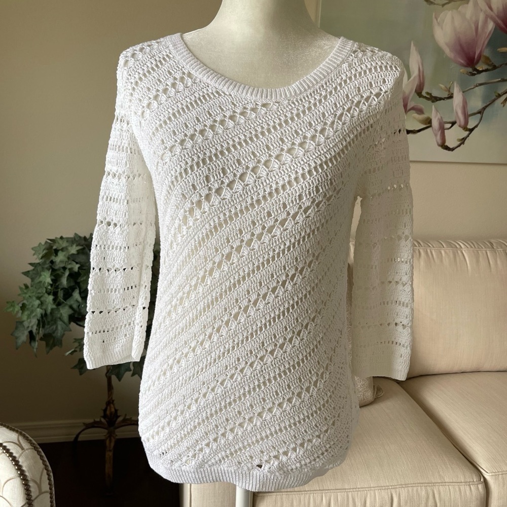 Talbots White Pullover Crewneck 3/4 Sleeve Sweater